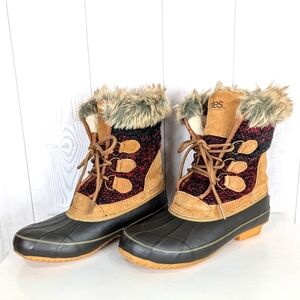 Totes Lynn Tan Boots Women's Size 9 Medium Waterproof Faux Fur Suede and Cloth